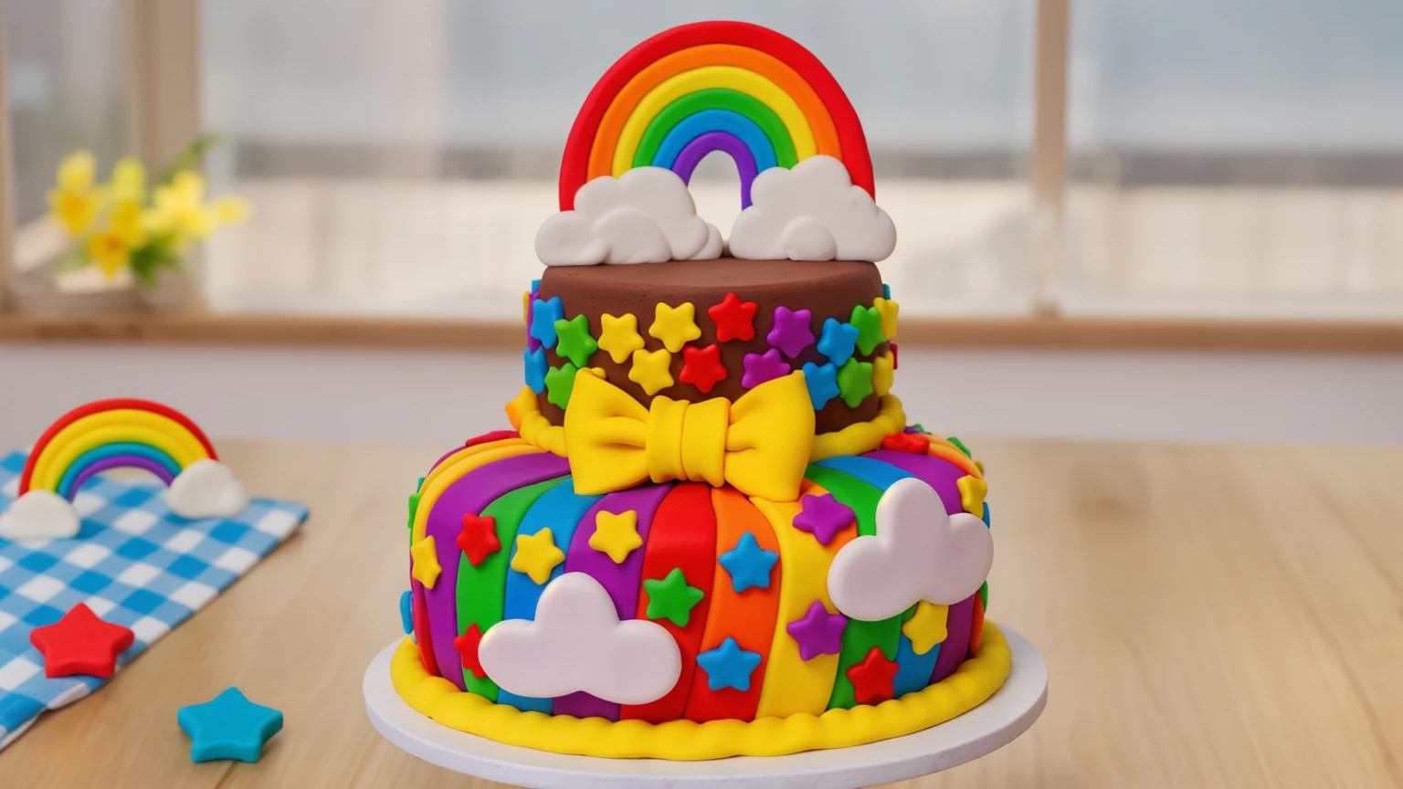 on a wooden table, two-tier cake on a white plate. chocolate cake. polymer clay cake decor, rainbow stripes, rainbow stars, white glazes made of polymer clay, Yellow bow, polymer clay rainbow, brown cream near a rainbow in the shape of clouds. на деревянном столе голубая сккатерть в клеточку на которой лежат rainbow stars и polymer clay rainbow. against the background of the kitchen, against the background of the window, Beautiful light from the window, Beautiful sunlight, bright lighting, there is a vase with a plant on a wooden table. Realistic style, realistic texture, detailed texture, high quality, A high resolution, macro photography, ultra hd 4k, 