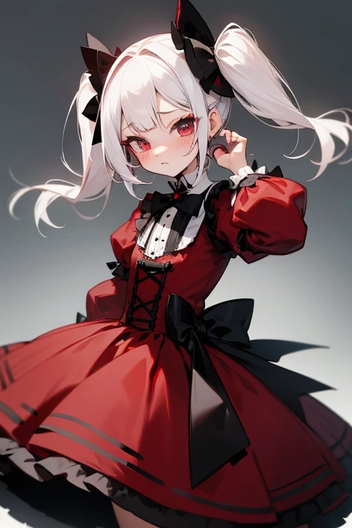 Short white hair, blush, Gothic Lolita、Punk Fashion、Headbang 2.、Red clothes、Twin tails、sharp、(Background white)