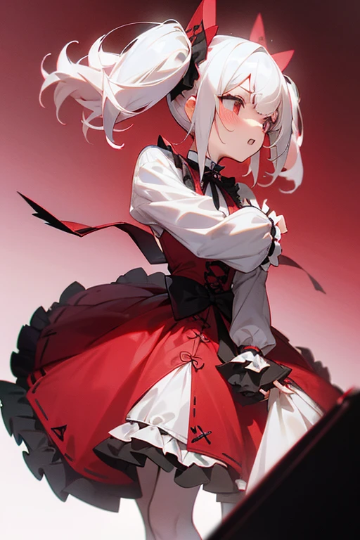 Short white hair, blush, Gothic Lolita、Punk Fashion、Headbang 2.、Red clothes、Twin tails、sharp、(Background white)