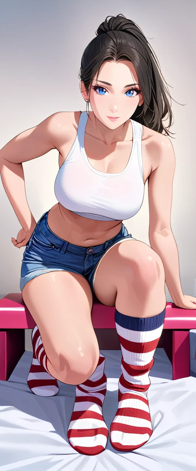 20 years old,1 mature woman,hyperrealistic, 8k, (extremely detailed 8k), (very delicate and beautiful), (masterpiece), (better quality:1.0), (ultra high resolution:1.0), (masterpiece, best quality),cute,black hair,ponytail,POV,full body,white background,realistic skin,Crop Top, Denim Shorts, Striped Knee Socks,,model posing