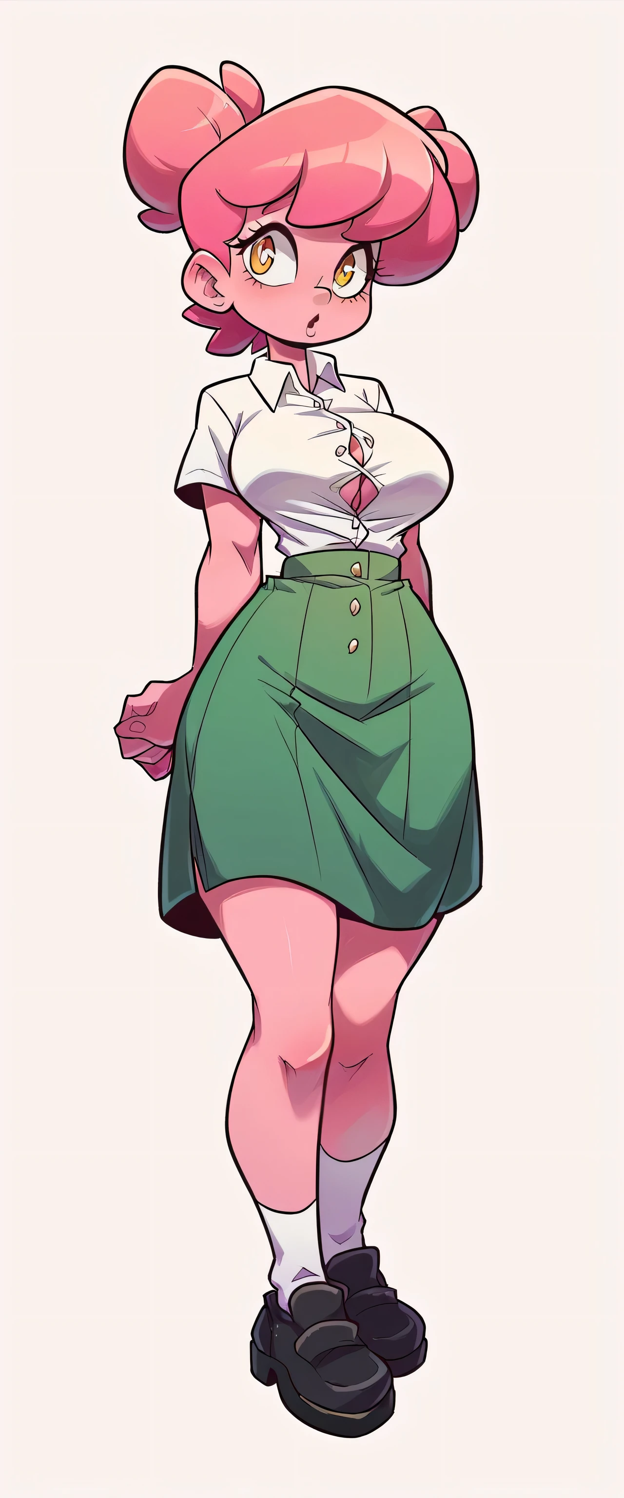 a tall woman big breast sexy beautiful beauty pink skin short pink hair tousled her full eye black yellow pupil dresses white button-down shirt and a short dark green skirt pair of white socks long black shoe