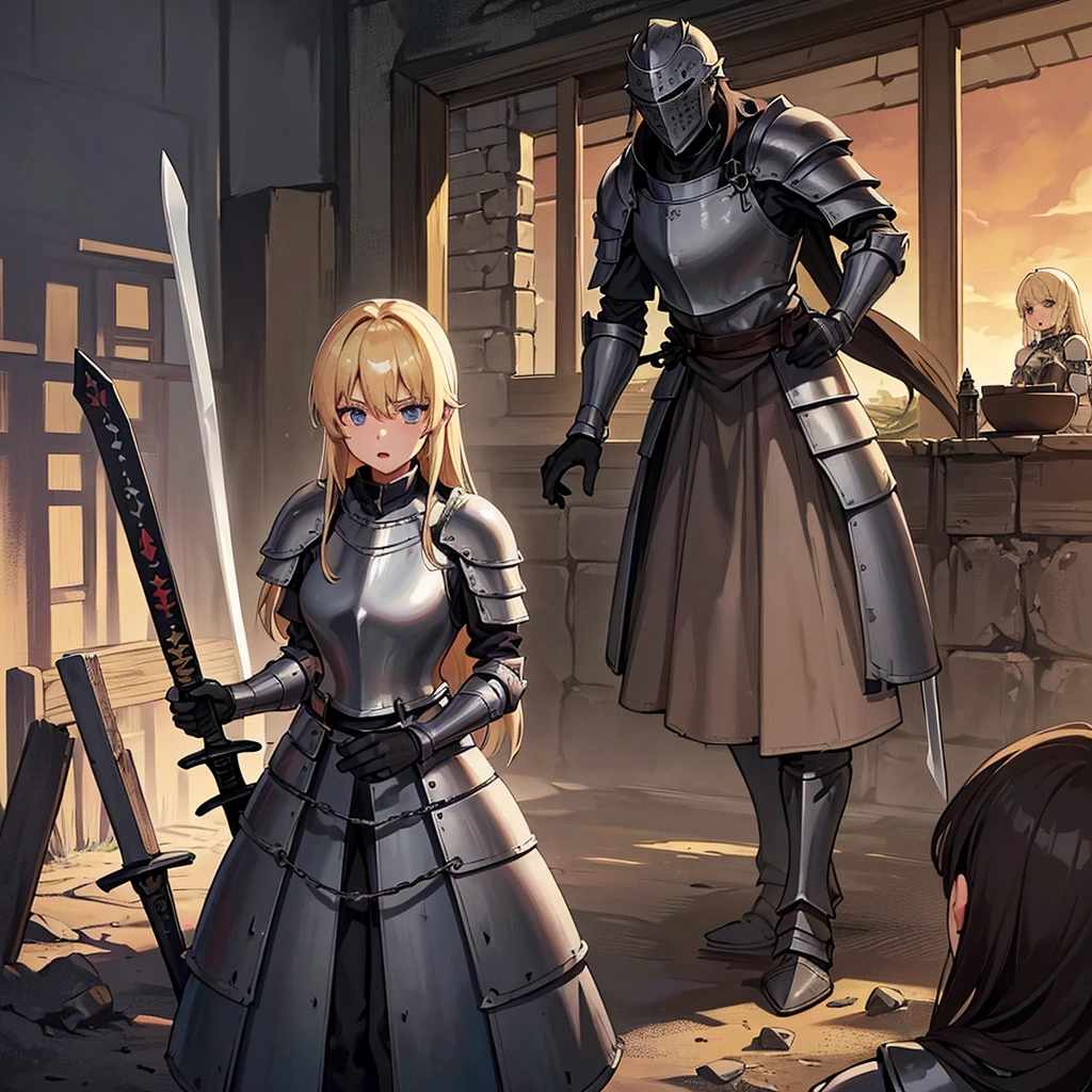 Best illustrations、Best Quality、(((Simple grey armor、Black trousers、Black gloves、woman、18-year-old、Blonde、Long Hair)))、(((Grab the sword、Get Ready)))、(Old ruins、desert。Grass)、Fall to the floor、(Black, muddy swamp)、(中世の騎士が10 people)、(get annoyed、anxiety、impatience、Open your mouth、shout)、(lots of medieval knights、10 people)、battlefield、(behindから、behind)