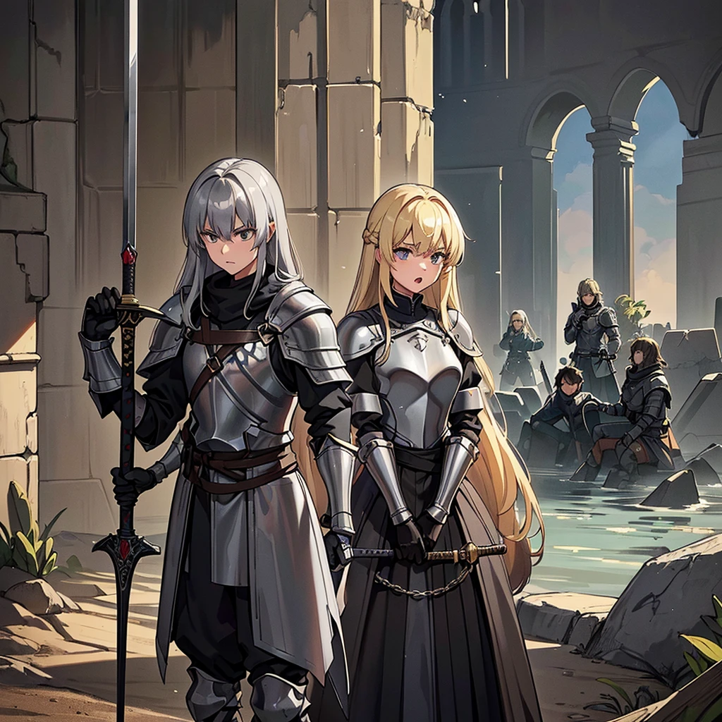 Best illustrations、Best Quality、(((Simple grey armor、Black trousers、Black gloves、woman、18-year-old、Blonde、Long Hair)))、(((Grab the sword、Get Ready)))、(Old ruins、desert。Grass)、Fall to the floor、(Black, muddy swamp)、(中世の騎士が10 people)、(get annoyed、anxiety、impatience、Open your mouth、shout)、(lots of medieval knights、10 people)、battlefield、(behindから、behind)