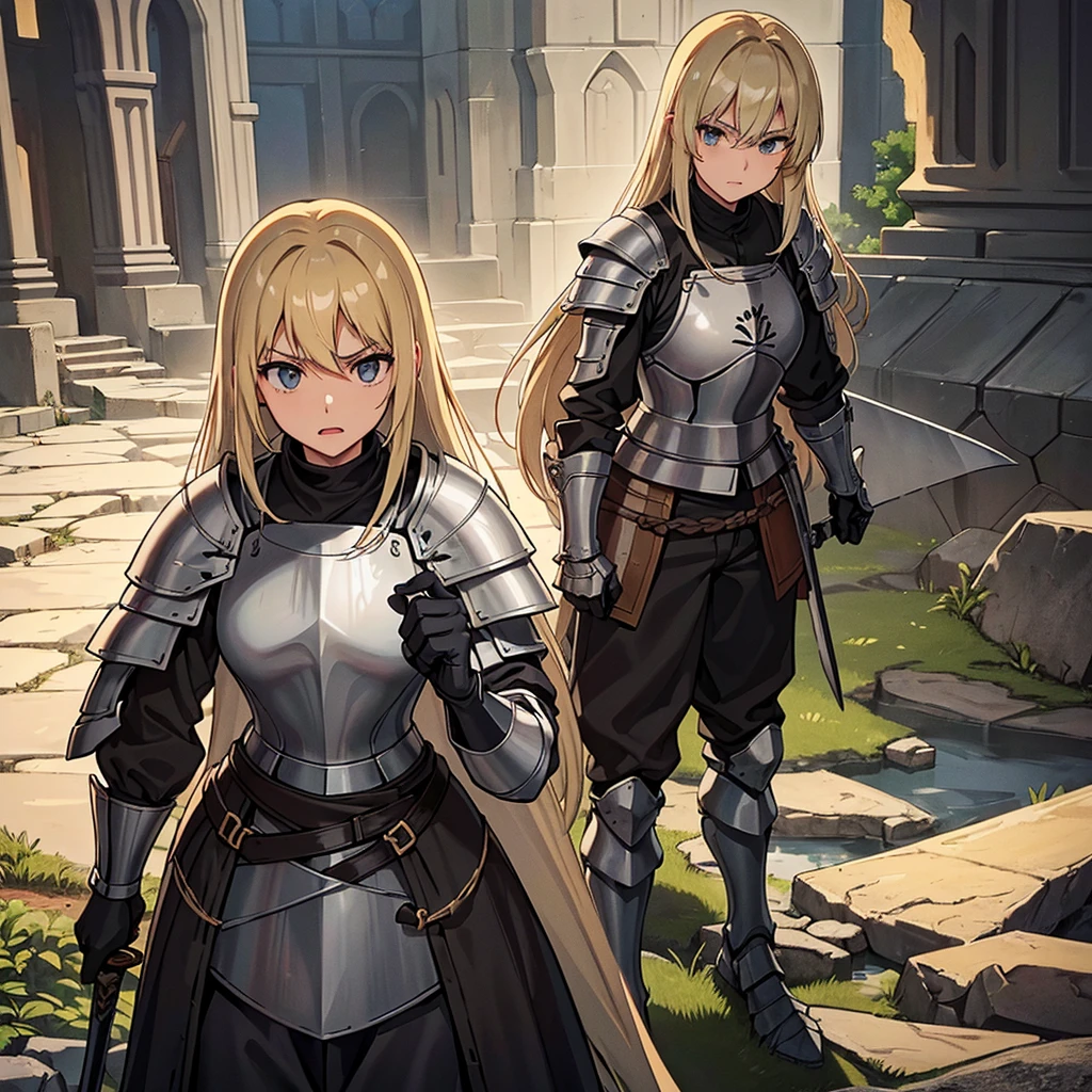 Best illustrations、Best Quality、(((Simple grey armor、Black trousers、Black gloves、woman、18-year-old、Blonde、Long Hair)))、(((Grab the sword、Get Ready)))、(Old ruins、desert。Grass)、Fall to the floor、(Black, muddy swamp)、(中世の騎士が10 people)、(get annoyed、anxiety、impatience、Open your mouth、shout)、(lots of medieval knights、10 people)、battlefield、(behindから、behind)
