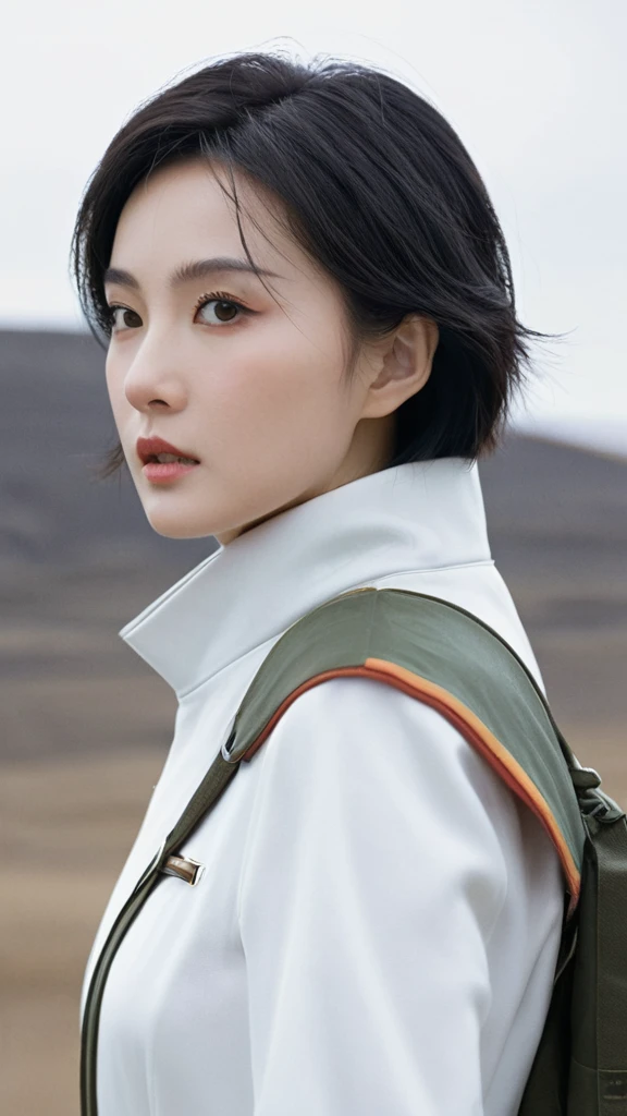 Ringworld,Science Fiction小说,Science Fiction,artillery,Long-range missiles,Adapted from《according to》 ,miss,aldult,main character,28 years old,Hopeful faces,Brown eyes,Short hairstyle,Black Hair，White and Gray,Home,White Researcher Coat,Open grassland,rebellious,Puzzled的,future world,Socialist World,snow,Puzzled