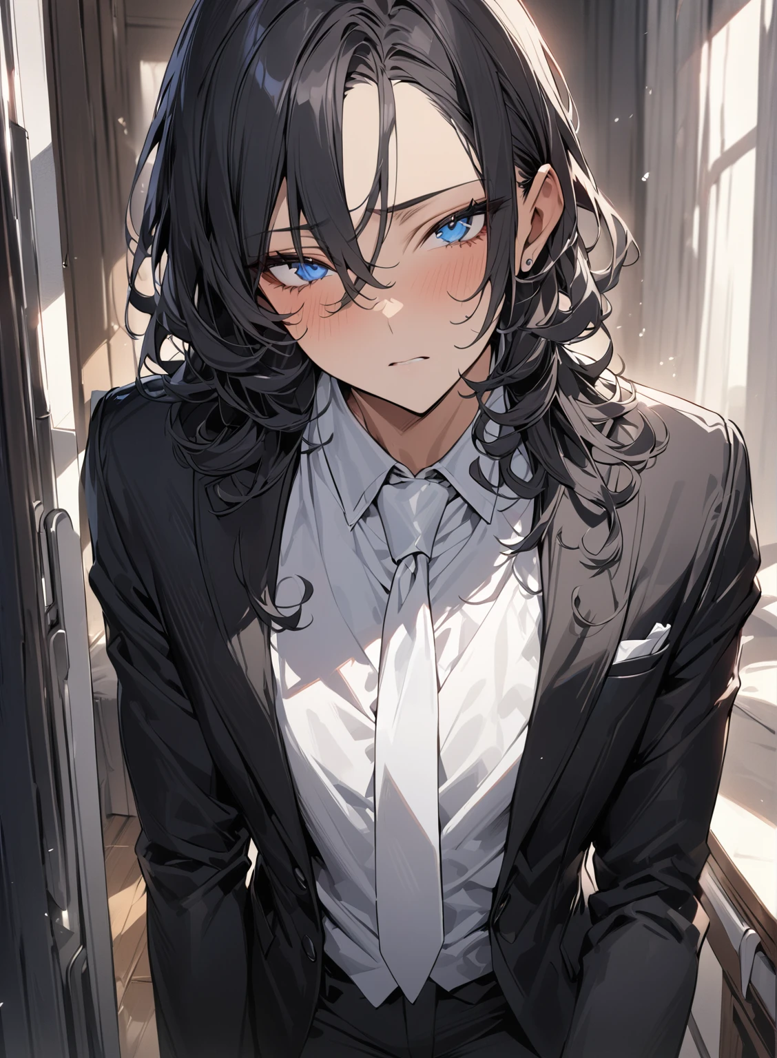 (( straight face picture )) ((best quality)), (Masterpiece)), (details), ( Beautiful colors ) ( ornamentation ) ( see the whole body ) young man , Tanned skin , black hair ,blue eyes ,Shoulder-length hair ,Slightly curly hair , open forehead , wearing a black suit ,white tie , Wear a white doctor&#39;s coat , , Have a rosary in hand 