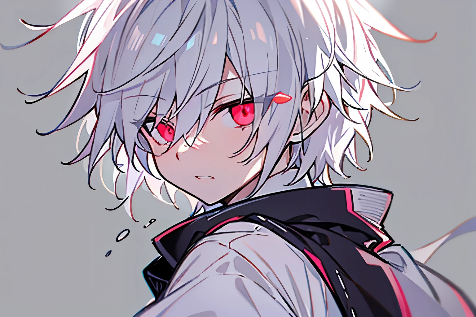 ((One person)),Anime boy with white hair and red eyes looking into the camera, Glowing red eyes,slim, Wearing black clothing,Monochrome,My hair is messy,Expressionless、Diagonal angle,