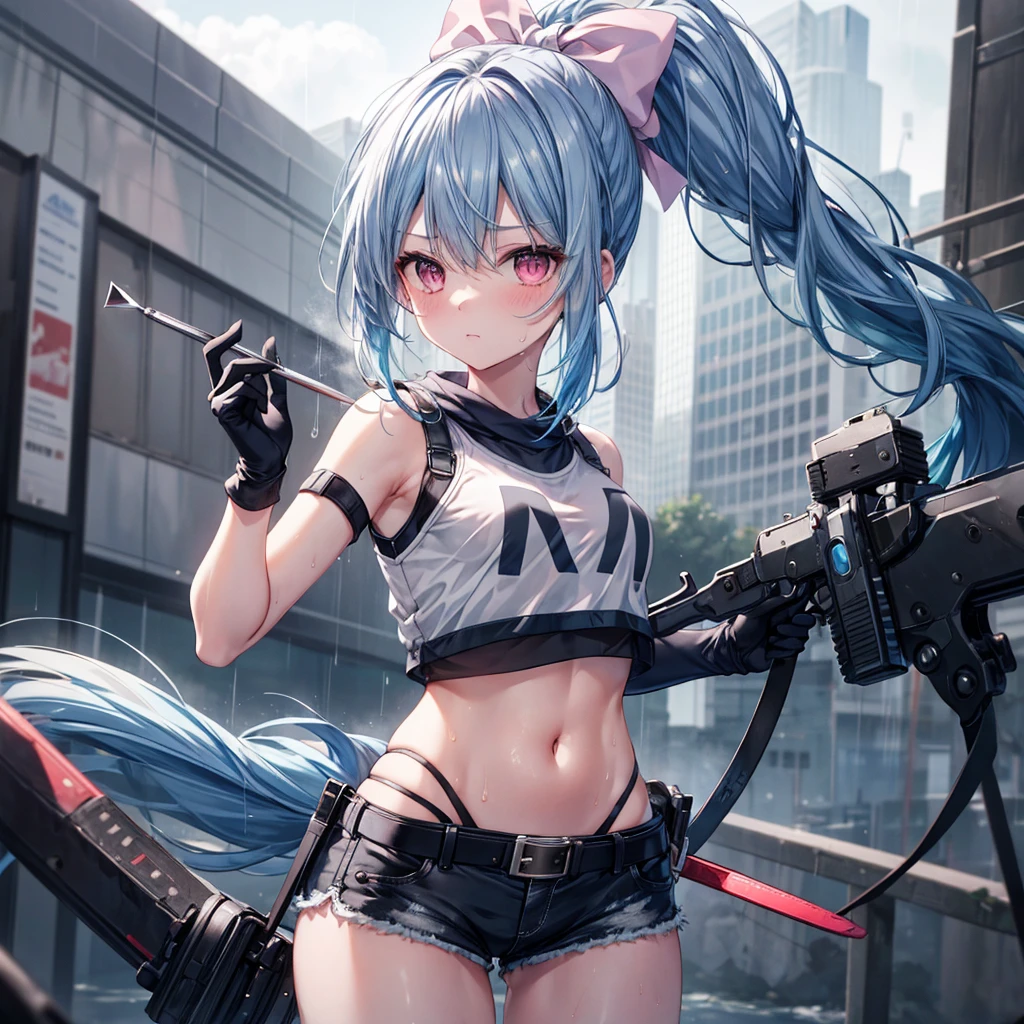 ((Highest quality)), ((masterpiece)), ((detailed)), (4K), a girl with blue hair and a top with short sleeves holding a screw driver, 1girl, 独奏, long hair, blue hair, navel, gloves, shorts, breasts, sweat, wrench, short shorts, very long hair, underwear, panties, holding, belt, arm up, ponytail, small breasts, blurry background, gray sky, rain, looking at viewer, black gloves, white panties, sports bra, wiping sweat, bow, bare shoulders, bangs, cowboy shot, pink eyes, midriff, hair bow, (expressionless), face focus