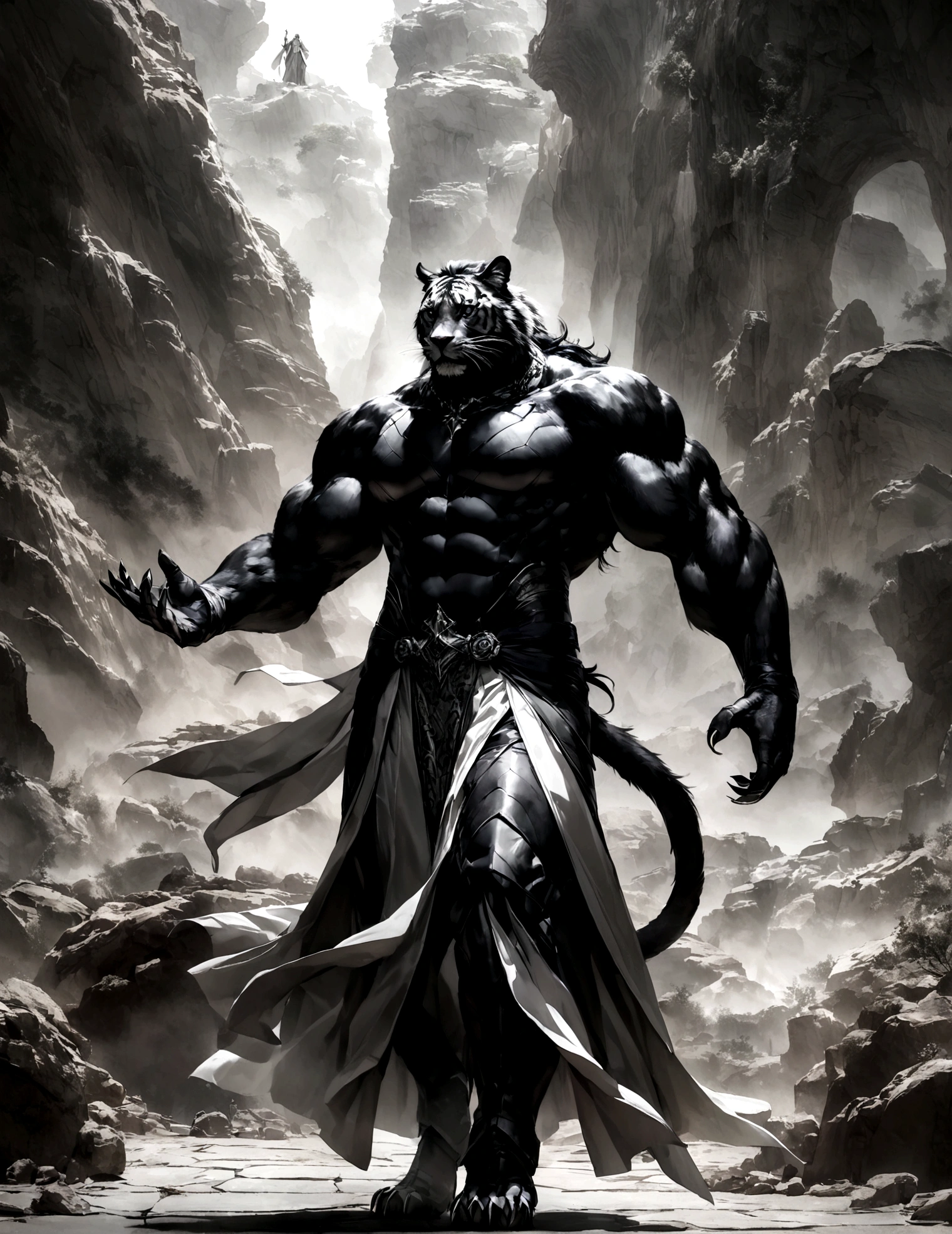 China-style,The scene is,The Taoist priest stood in front of the roaring giant white tiger,(((Black Panther))),Stretch your hands,Long messy hair,Glow effects,Hyper-realistic,Ultra photo realsisim,Chinese black and white ink style,(((white colors))),Decolorization,Smudge,ink,8K,super-fine,high qulity,(((OC renderer)))