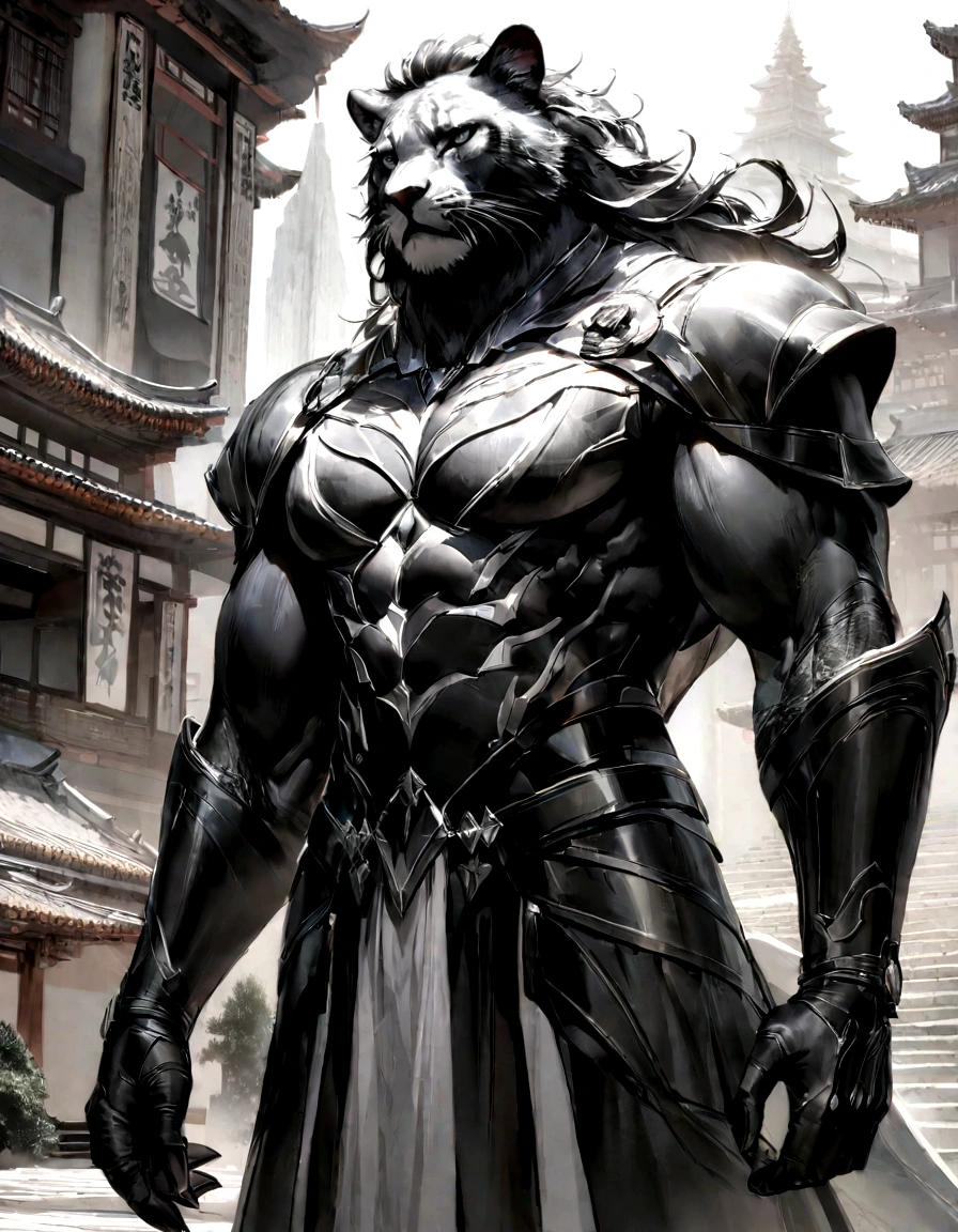 China-style，The scene is，The Taoist priest stood in front of the roaring giant white tiger，（（（Black Panther））），Stretch your hands，Long messy hair，Glow effects，Hyper-realistic，Ultra photo realsisim，Chinese black and white ink style，（（（white colors））），Decolorization，Smudge，ink，8K，super-fine，high qulity，（（（OC renderer）））