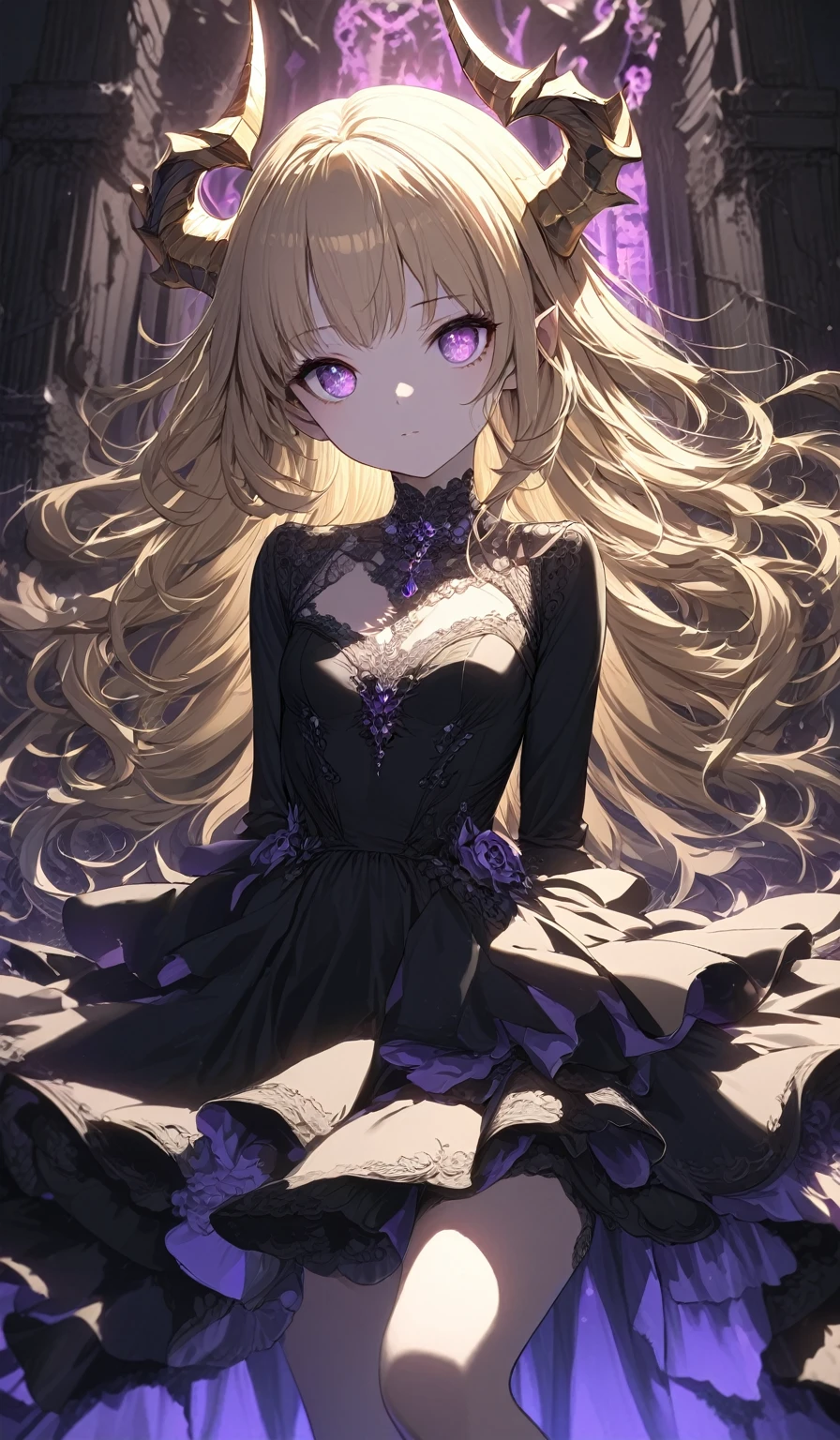 Masterpiece, very detailed, ultra detailed, one, (1 girl), she is in a complex black dress, and in an elegant position, small, children's style, long golden hair and parting on the sides, golden demonic horns, beautiful, charming, purple eyes, elegant, small breasts, kind face, charming, she stands against the background of a dark cemetery.