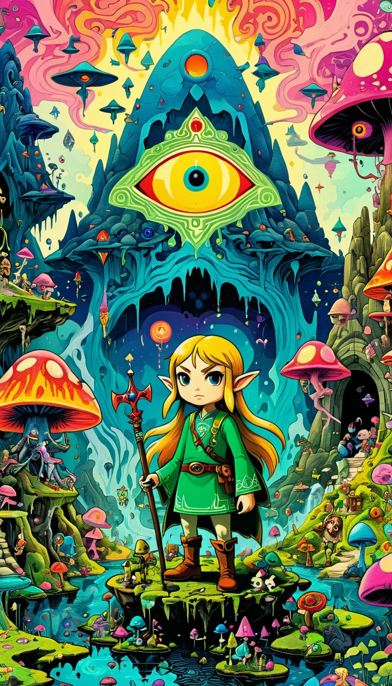 whole body, The Legend of Zelda game characters, Zelda Comics, man, Zelda character ff, Ian Mack's style, Chen Taimei, Fashionable clothing design, Horror Dungeon Description, Jean Baptiste Monge, academia,Psychedelic Abstract Art, puzzling, melt, Bright colors, Michael DeForge (Michael Deforge) Inspired by Pop Art, Mumford, tumblr, Psychedelic Art, Psychedelic illustration, Psychedelic Trip, Psychedelic Trip, retro Psychedelic illustration, Psychedelic Art style, psychedelic style, Surreal psychedelic design, LSD Trip, Psychedelic Fever Dream, psychedelics, Shaman horror LSD art, psychedelics