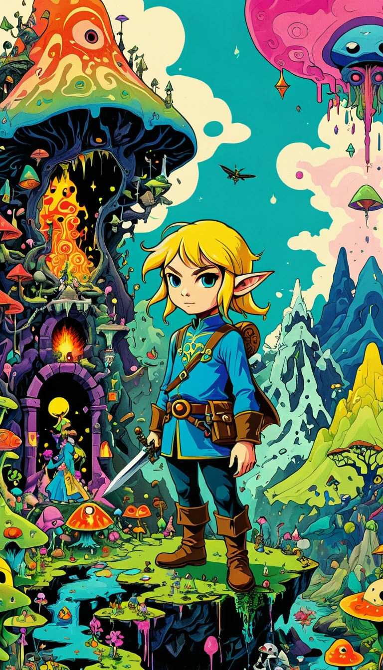 whole body, The Legend of Zelda game characters, Zelda Comics, man, Zelda character ff, Ian Mack's style, Chen Taimei, Fashionable clothing design, Horror Dungeon Description, Jean Baptiste Monge, academia，Psychedelic Abstract Art, puzzling, melt, Bright colors, Michael DeForge (Michael Deforge) Inspired by Pop Art, Mumford, tumblr, Psychedelic Art, Psychedelic illustration, Psychedelic Trip, Psychedelic Trip, retro Psychedelic illustration, Psychedelic Art style, psychedelic style, Surreal psychedelic design, LSD Trip, Psychedelic Fever Dream, psychedelics, Shaman horror LSD art, psychedelics