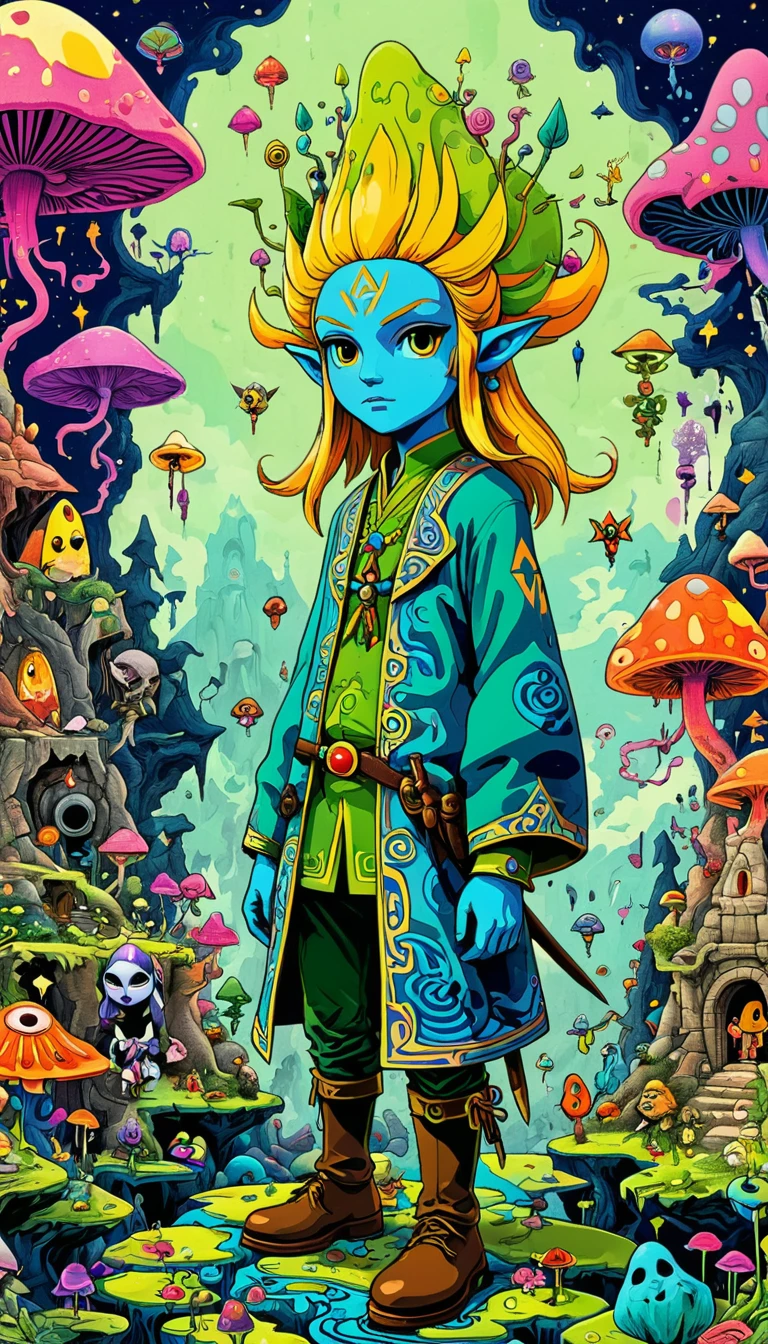 whole body, The Legend of Zelda game characters, Zelda Comics, man, Zelda character ff, Ian Mack's style, Chen Taimei, Fashionable clothing design, Horror Dungeon Description, Jean Baptiste Monge, academia,Psychedelic Abstract Art, puzzling, melt, Bright colors, Michael DeForge (Michael Deforge) Inspired by Pop Art, Mumford, tumblr, Psychedelic Art, Psychedelic illustration, Psychedelic Trip, Psychedelic Trip, retro Psychedelic illustration, Psychedelic Art style, psychedelic style, Surreal psychedelic design, LSD Trip, Psychedelic Fever Dream, psychedelics, Shaman horror LSD art, psychedelics