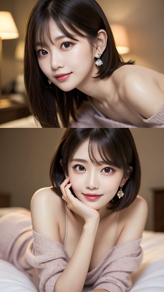 masterpiece、best quality、high resolution、wallpaper、Practical、Bright Lights、Professional lighting、Soft lighting、Japanese women、30 years old、aldult、Beautiful woman、action、Gravure printing、Sexy、so beautiful、Beautiful skin、Exquisite、Delicate face、Slim、short hair、Black Hair、Double eyelids、big eyes、Brown eyes、Long eyelashes、Thin lips、Blink、Diamond Earrings、Light makeup、clavicle、Off-shoulder、mini skirt、美しいclavicle、Beautiful thighs、Lying in bed、outdoor、Smile、Red transparent pajamas