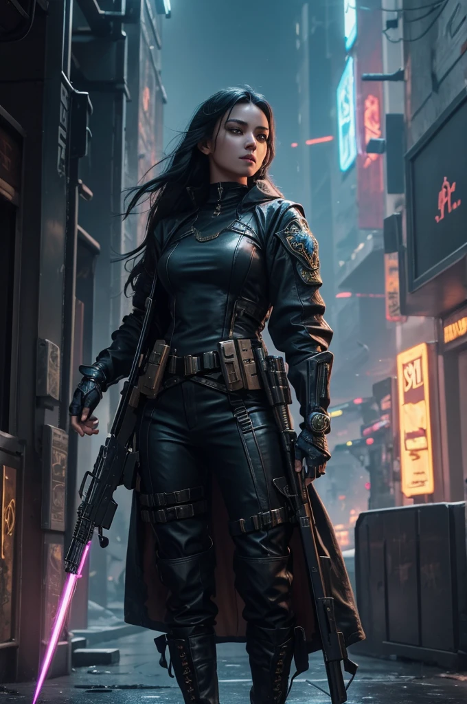 A beautiful woman in cyberpunk magical fantasy world, highly detailed face, holding a magical glowing rifle, epic design, magical glowing weapons, wearing practical combat outfit, military uniform-like clothing, engaging in combat action, cool beauty