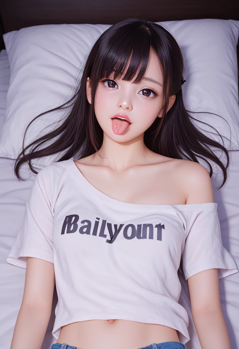 ollarbone,pastel colors t-shirt,off-shoulder look,bare shoulder,midriff peek,micro shorts,open mouth,(tongue out:2),lying,front view,upper body,Embarrassed,(1girl,Beautiful  girl),((Slender,Small breasts,Small face,)),(looking at viewer),Black Hair,bangs,one side up,Beautiful and detailed,(Dimly lit room:1.5),Weak white lighting,Simple Background,White bed,pillow,best quality,Brilliant Quality