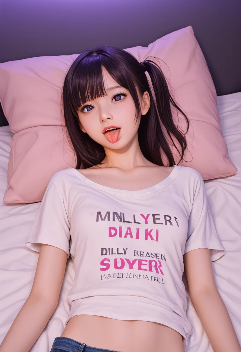 ollarbone,pastel colors t-shirt,off-shoulder look,bare shoulder,midriff peek,micro shorts,open mouth,(tongue out:2),lying,front view,upper body,Embarrassed,(1girl,Beautiful girl),((Slender,Small breasts,Small face,)),(looking at viewer),Black Hair,bangs,one side up,Beautiful and detailed,(Dimly lit room:1.5),Weak white lighting,Simple Background,White bed,pillow,best quality,Brilliant Quality