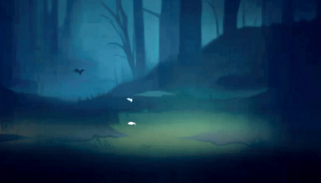there is a small white bird standing in the middle of a forest, Concept art of a dark forest, in a forest at night, in the middle of the dark forest, quiet forest night scene, limbo game, Moonlit forest environment, Dark forest in the background, Dark forests in the background, in a spooky forest, Mysterious and scary forest, video game screenshot>