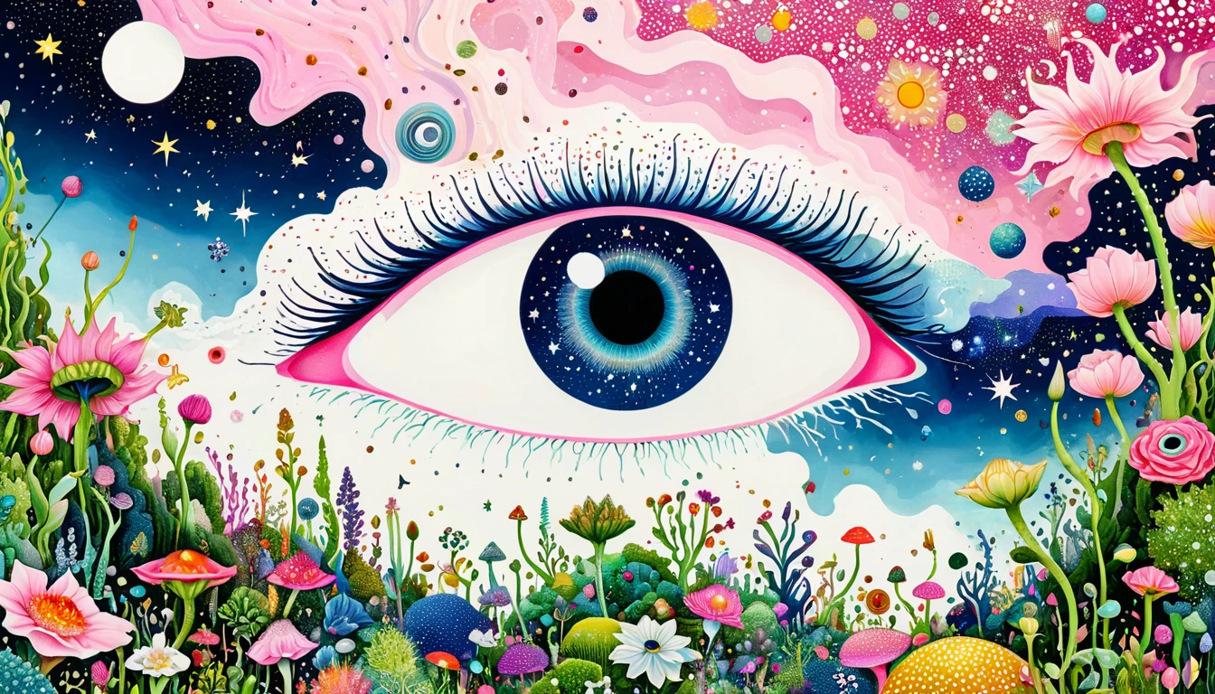intense visuals,Multi-element fusion,bud,microorganism、plant、Marine life、(((Eye)))、Starry Sky,Stitching together an abstract painting,Describing the inner world of autistic people,(((Sense of space,White Space,clean,Anti-aliasing,))),Pointillism method,Density,Psychedelic Art,pink