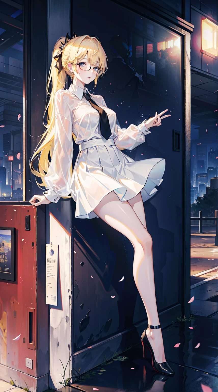 Young and beautiful Kathryn Newton, Glasses, White dress shirt, Very deep neckline, Black Mini Dress, Dark pantyhose, Surreal, 14 years old, Model figure, Large Breasts, Beautiful breasts, Big Ass, Long hair, Random Hairstyle, Blonde hair,Ponytail, Long legs, 8K, futuristic city, Cherry blossoms, sunrise, LED lighting, Anime style, ((Leaning against the wall,Sideways posture))
