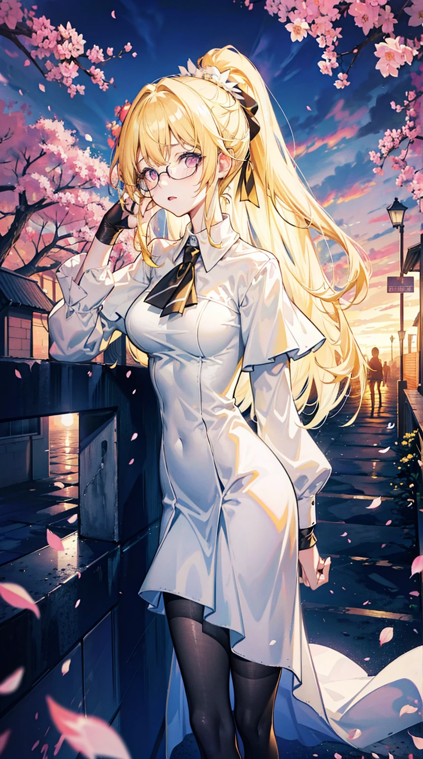 Young and beautiful Kathryn Newton, Glasses, White dress shirt, Very deep neckline, Black Mini Dress, Dark pantyhose, Surreal, , Model figure, Large Breasts, Beautiful breasts, Big Ass, Long hair, Random Hairstyle, Blonde hair,Ponytail, Long legs, 8K, futuristic city, Cherry blossoms, sunrise, LED lighting, Anime style, ((Leaning against the wall,Sideways posture))