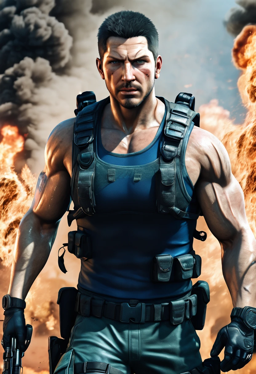 Chris Redfield, Evil resident, Show off muscles without wearing body hair costume, hot body, undercoat, rough and real skin, sharp eyes, blue eyes, 8K HD resolution, Realism 1.4, battlefield background, sea of fire, Di Chris Redfield, Evil resident, Show off muscle t-shirt transparent body hair, hot body, undercoat, rough and real skin, sharp eyes, blue eyes, 8K HD resolution, Realism 1.4, battlefield background, sea of fire, On the run