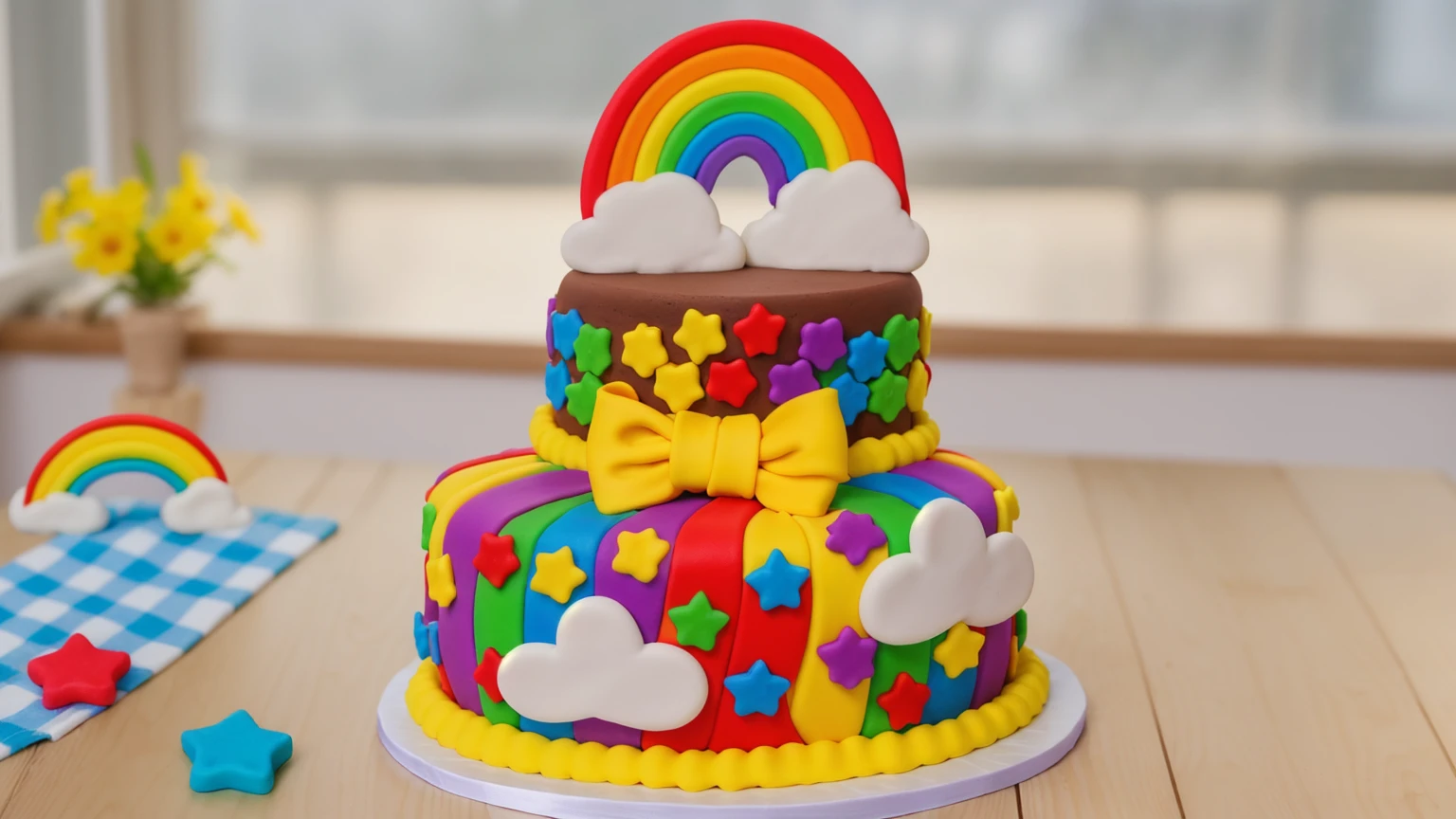 on a wooden table, two-tier cake on a white plate. chocolate cake. polymer clay cake decor, rainbow stripes, rainbow stars, white glazes made of polymer clay, Yellow bow, polymer clay rainbow, brown cream near a rainbow in the shape of clouds. на деревянном столе голубая сккатерть в клеточку на которой лежат rainbow stars и polymer clay rainbow. against the background of the kitchen, against the background of the window, Beautiful light from the window, Beautiful sunlight, bright lighting, there is a vase with a plant on a wooden table. Realistic style, realistic texture, detailed texture, high quality, A high resolution, macro photography, ultra hd 4k, 