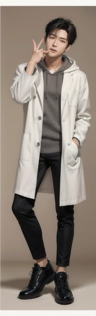 (photorealistic:1.2), (high detail face:1.3), (high detail hands:1.3), (anatomically correct hands:1.2), handsome young asian man, Japanese idol style, short clean-cut hair, ((center part)), (crisp white lab coat:1.3), ((black hoodie underneath:1.2)), (black pants:1.2), (black shoes:1.2), calm confident expression, (holding a product in right hand:1.3), (pointing with left index finger:1.3), explaining pose, plain white background, mid-shot portrait, full body view, high quality, detailed, 8K, (realistic skin texture:1.2), (sharp focus:1.1), (contrast between white coat and black clothing:1.2)