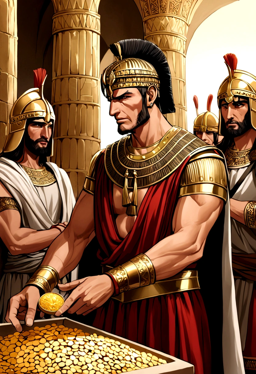 "A detailed image of Crassus attempting to bribe his Parthian captors with gold coins. The Parthians look insulted and unimpressed by his offer."
Size: "1024x1024"