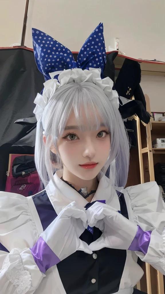 masterpiece,Highest quality,Real texture,Photo of a woman in costume posing for a photo, anime girl role play, anime role play, role play of a catboy! maid! skirt, Silver Wolf, Ahgeo face, Sakimichan, From, role play photo, , role play, Korean beauty, Deer Meet, professional role play, role player, realistic role play