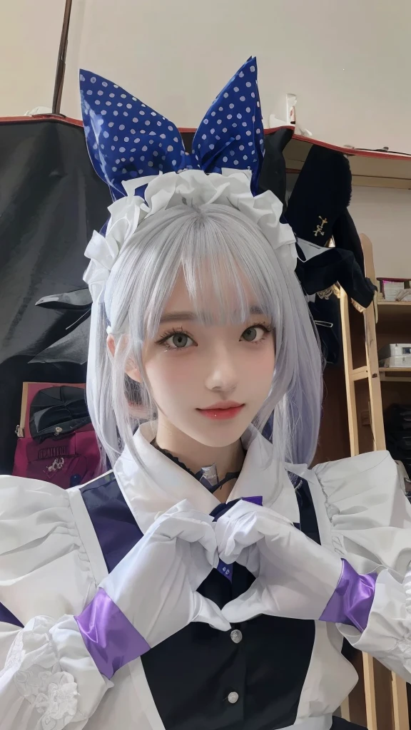 masterpiece,Highest quality,Real texture,Photo of a woman in costume posing for a photo, anime girl role play, anime role play, role play of a catboy! maid! skirt, Silver Wolf, Ahgeo face, Sakimichan, From, role play photo, , role play, Korean beauty, Deer Meet, professional role play, role player, realistic role play