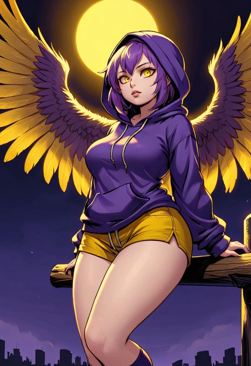 score_9, score_8_up, score_7_up, score_6_up, score_5_up, score_4_up, BREAK source_anime,rating_risky,a girl, curvy, pale skin, harpy, perched on a pole, wings outstretched, face hidden in shadows, hoodie, yellow glowing eyes, thich thighs, shorts, tight clothing, bold comic style, purple clothes with yellow highlights
