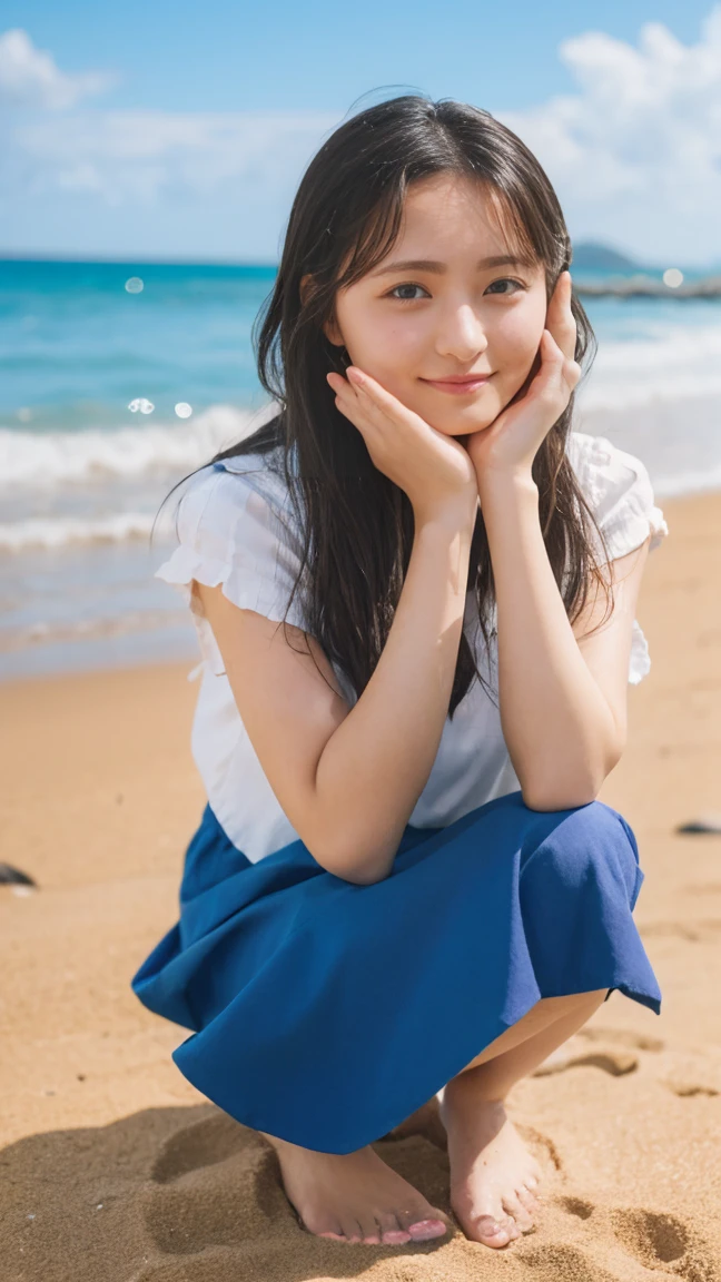 (((sunny day、Japanese 、Beach、A strong wind is blowing、Her hair and skirt are flying、Crouch down, Scooping up seawater and spreading your hands、Traditional navy blue sailor uniform、White blouse、Pleated skirt、Scooping seawater with hands:1.25、splash、Splashing water on each other、smile、Laughter、Sandy Beach、Light of the sun、clear blue sea、The waves crash quietly、Blue sky and white clouds、green mountain々、Beautiful Nature、The joys of youth)))、(((Top-down configuration:1.33)))、(((8K、Highest quality、masterpiece、Ultra-high resolution)))、(Realistic:1.4)、RAW Photos、(Real skin texture:1.3)、(Film Grain:1.3)、((No underwear、Bend one leg))、One Girl、Beautiful and detailed eyes and face、barefoot、