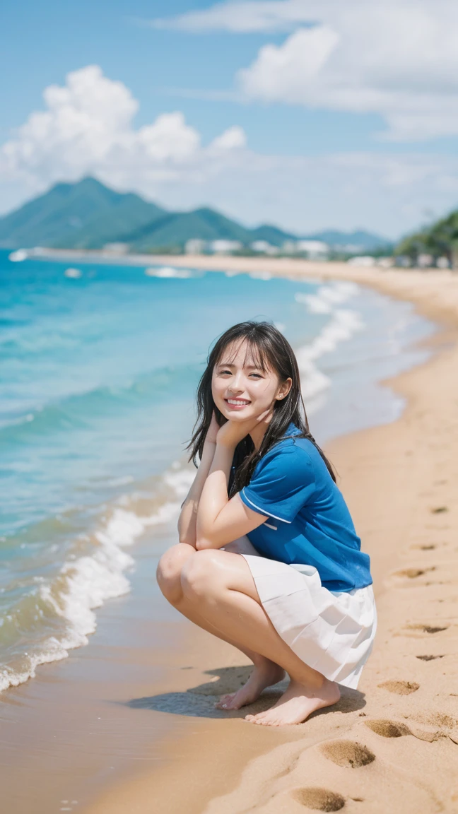 (((sunny day、Japanese 、Beach、A strong wind is blowing、Her hair and skirt are flying、Crouch down, Scooping up seawater and spreading your hands、Traditional navy blue sailor uniform、White blouse、Pleated skirt、Scooping seawater with hands:1.25、splash、Splashing water on each other、smile、Laughter、Sandy Beach、Light of the sun、clear blue sea、The waves crash quietly、Blue sky and white clouds、green mountain々、Beautiful Nature、The joys of youth)))、(((Top-down configuration:1.33)))、(((8K、Highest quality、masterpiece、Ultra-high resolution)))、(Realistic:1.4)、RAW Photos、(Real skin texture:1.3)、(Film Grain:1.3)、((No underwear、Bend one leg))、One Girl、Beautiful and detailed eyes and face、barefoot、