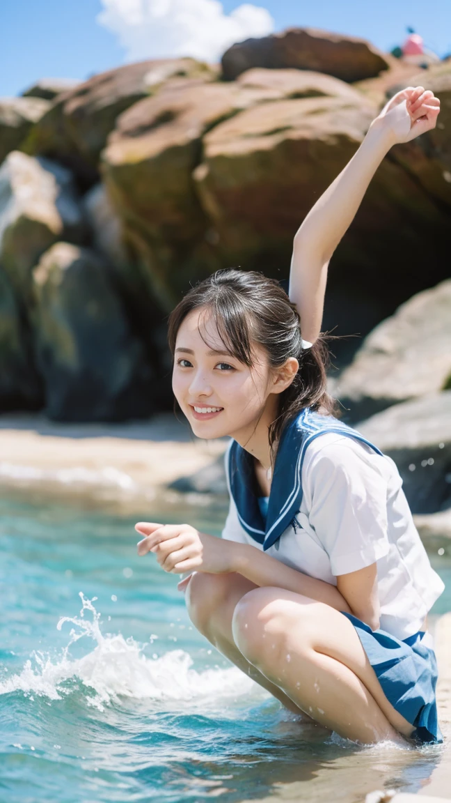 1girl,masterpiece, ;beautiful girl、8K quality, High definition, realistic pictures, professional writing, There is a woman jumping in the air from underwater to the sky., ((A pose that looks like dancing with the face facing upwards)), face upwards, dance in the air,artistic swimming, jump towards the viewer, jump towards viewer, she is floating in the air, jump into the air, jump on the audience, jump, jump with arms up, floating in the air, floating on the ground, Jump for joy, jump pose, horizontally jump!!!, wearing a sailor suit, high school girl,((Big wave crashing down)), ((Splashes of water splashing from the body)), Clear blue sky and white clouds, Sunlight flares