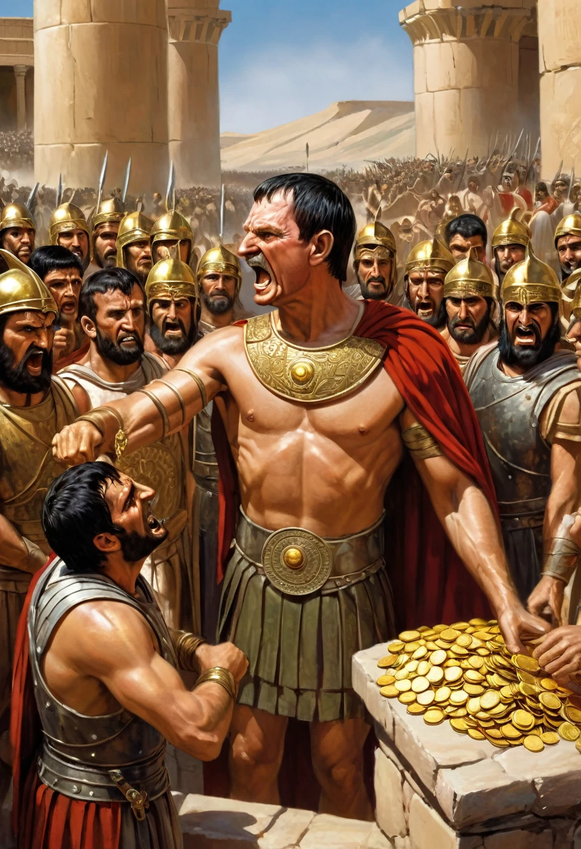 "A detailed image of Crassus attempting to bribe his Parthian captors with gold coins. The Parthians look insulted and unimpressed by his offer."
Size: "1024x1024"