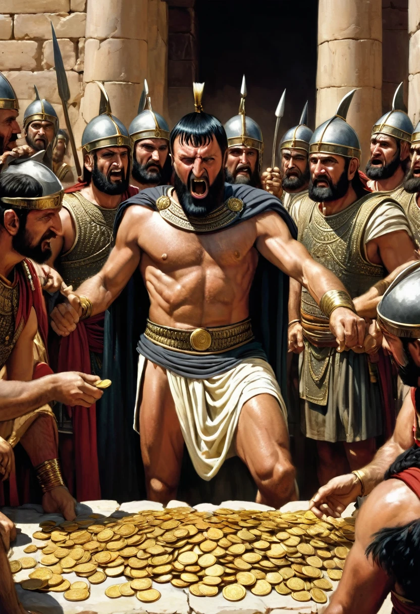 "A detailed image of Crassus attempting to bribe his Parthian captors with gold coins. The Parthians look insulted and unimpressed by his offer."
Size: "1024x1024"