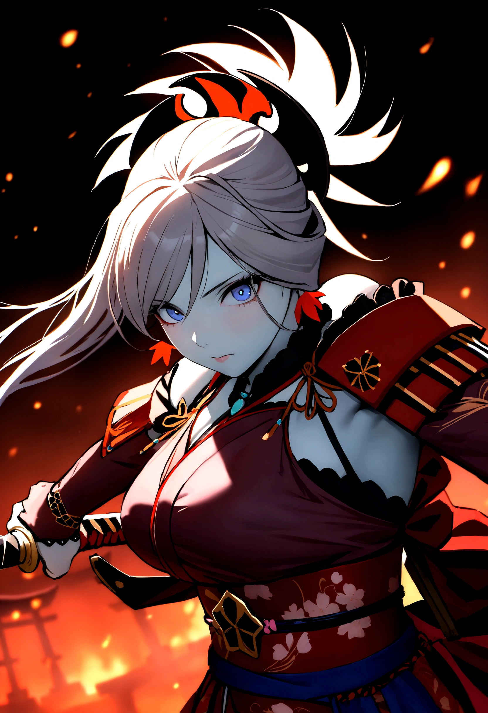 Highest image quality, masterpiece, super high resolution, (reality 1.4), raw photo, male, Miyamoto Musashi, brown body, holding two swords and swinging them down at the opponent, background with a burning temple behind the dark character, solo , Japanese armor, black hair, white skin, red tattoos on both cheeks, dark background with blue-white light in the background, deep shadows, low key, cold light 12000K