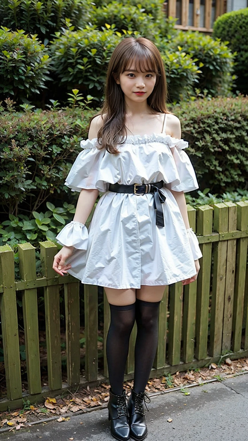 (8K、RAW Photos、Highest quality、masterpiece:1.2)、(Highest quality、Realistic)、1 Girl、((Frills、See-through、Off the shoulder、tights、pink and black mini skirt、Thin legs、whole body、boots、garden、View from the front、Looking into the camera、belt、Stand with hands on hips))、cute