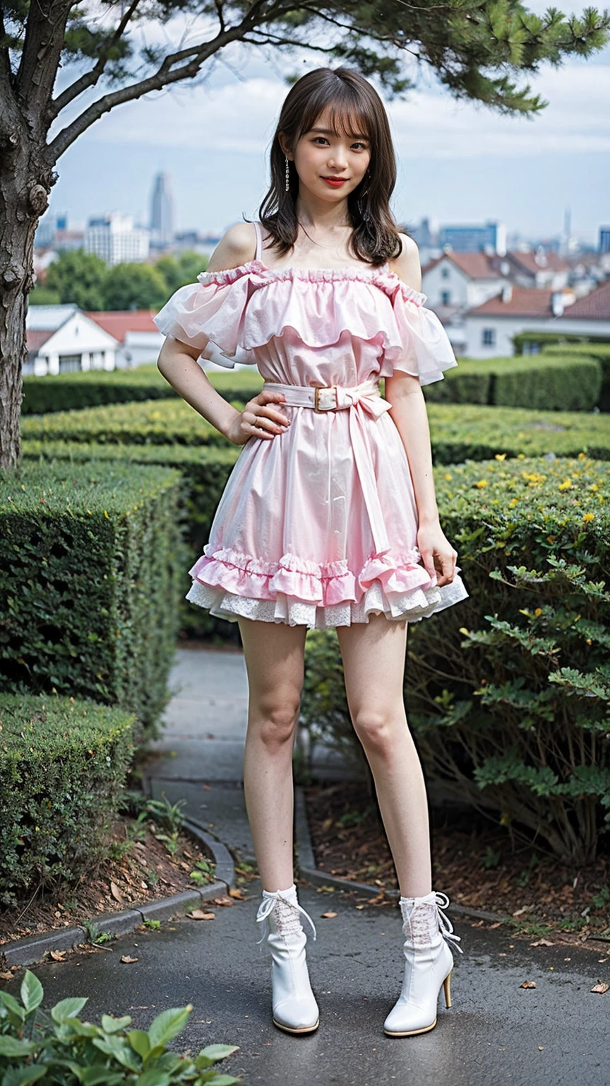 (8K、RAW Photos、Highest quality、masterpiece:1.2)、(Highest quality、Realistic)、1 Girl、((Frills、See-through、Off the shoulder、tights、pink and black mini skirt、Thin legs、whole body、boots、garden、View from the front、Looking into the camera、belt、Stand with hands on hips))、cute