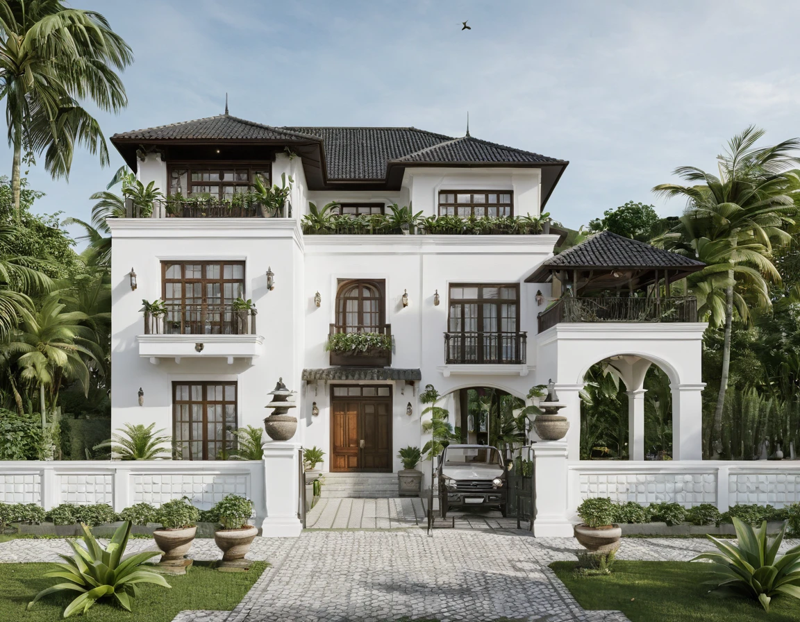 Render a small 3-story Indochine-style villa in a serene setting. The villa's exterior is painted in a simple, elegant white, with traditional Indochine architectural elements such as arched windows, wooden shutters, and decorative railings. The roof features a two-sided sloping design similar to the houses in Hoi An, with the slopes running front to back, contrasting beautifully with the white walls. Lush greenery surrounds the villa, with a well-manicured garden featuring tropical plants and a cobblestone pathway leading to the entrance. The front porch has classic wooden furniture and lanterns, evoking a sense of timeless elegance. The lighting highlights the villa's sophisticated design and harmonious blend of traditional and modern elements.
8k resolution, UHD, high-quality detail, Indochine style, white exterior, arched windows, wooden shutters, decorative railings, two-sided sloping roof, Hoi An style, lush greenery, manicured garden, cobblestone pathway, classic wooden furniture, lanterns, harmonious blend of traditional and modern elements, sophisticated design, serene setting, attracted lighting, real sunlight
