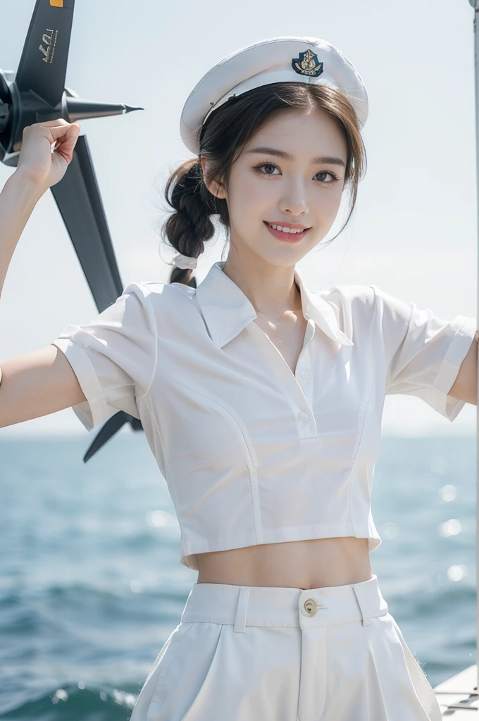 (((best quality))),(((ultra detailed))),(((masterpiece))),illustration,((1girl,naval officer,solo)),(short ponytail:1.2),((slim,thin)),((small breasts,flat chest)),(white collared short-sleeved shirt:1.3),(white pleated skirt:1.2),(slender legs:1.2),vibrant colors,ocean background,(on the warship:1.3),majestic,turquoise waves,sun reflection,white clouds,sky,brilliant shade of blue,confident posture,gaze fixed on horizon,wind,gently blows hair,stray strands,flutter in breeze,adventure,excitement,unknown waters,beauty,strength,determination,female power,resilience,striking looks,powerful setting,sea,captivating,inspiring image,viewer,drawn to presence,challenging environment,military service,bravery,dedication,((from front,upper body))