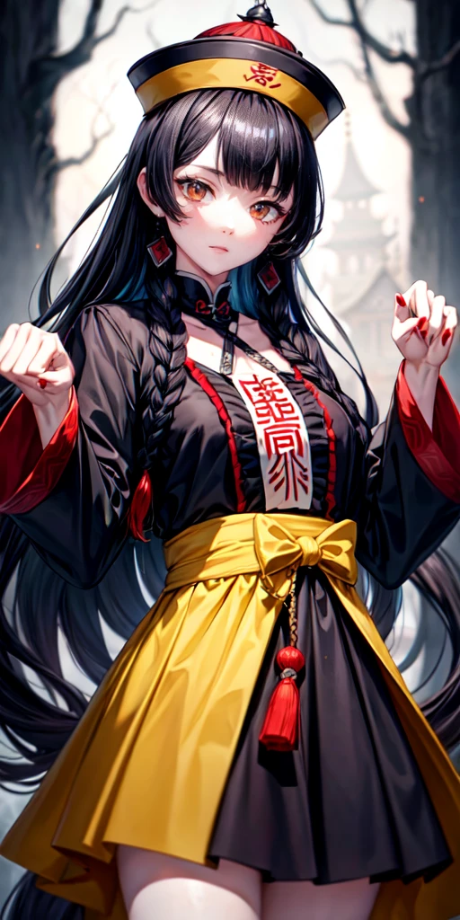 lora:flat:-1.2, masterpiece, best quality, 4k, 8k, 1 woman, solo, tall stature, long hair, blunt bangs, side braid, black hair, ugly face, bad face, bad eyes, droopy eyes, unclear eyes, ruby red eyes, lemon yellow eyes, pale skin, black eyeliner, black eye shadow, heterochromia, slender frame, sad, ofuda, jiangshi costume:1.2, fang, horror, coffin, forest, dark night, stormy weather, fog, from front, cowboy shot, look at viewer, paw pose,