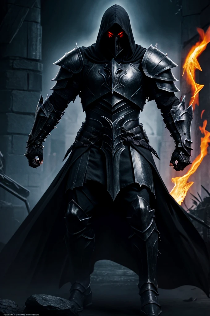 Male, demon knight, black cloak, hood over head,  wearing pitch black plate armor that has sharp features, 4k, masterpiece, high res, wearing a helmet, death knight, muscular build, evil looking, full body view, necromancer, red glowing eyes, riding a armored black warhorse, mysterious vibe, shadow aura