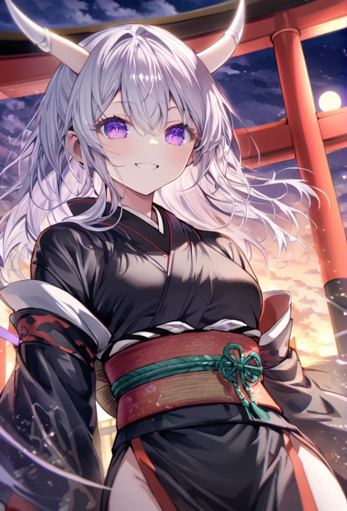 Long silver hair, Smile Torii セクシー
, black ninja, full moon, purple eyes, white horns ハイルヒトラー