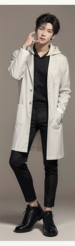 (photorealistic:1.2), (high detail face:1.3), (high detail hands:1.3), (anatomically correct hands:1.2), handsome young asian man, Japanese idol style, short clean-cut hair, ((center part)), (crisp white lab coat:1.3), ((black hoodie underneath:1.2)), (black pants:1.2), (black shoes:1.2), calm confident expression, (holding a product in right hand:1.3), (pointing with left index finger:1.3), explaining pose, plain white background, mid-shot portrait, full body view, high quality, detailed, 8K, (realistic skin texture:1.2), (sharp focus:1.1), (contrast between white coat and black clothing:1.2)