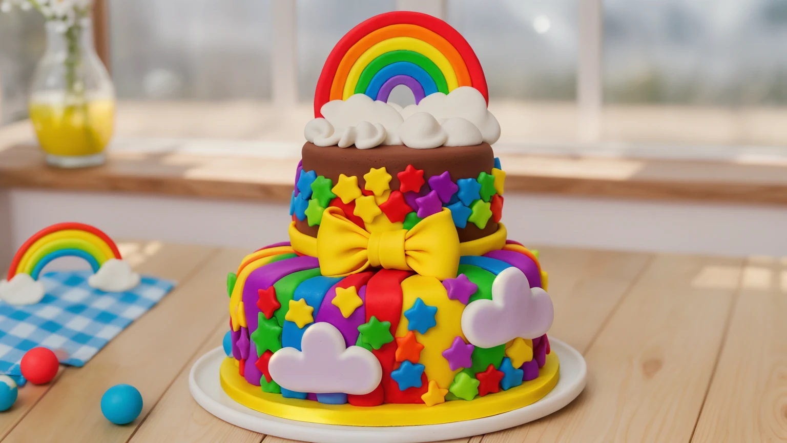 on a wooden table, two-tier cake on a white plate. chocolate cake. polymer clay cake decor, rainbow stripes, rainbow stars, white glazes made of polymer clay, Yellow bow, polymer clay rainbow, brown cream near a rainbow in the shape of clouds. на деревянном столе голубая сккатерть в клеточку на которой лежат rainbow stars и polymer clay rainbow. against the background of the kitchen, against the background of the window, Beautiful light from the window, Beautiful sunlight, bright lighting, there is a vase with a plant on a wooden table. Realistic style, realistic texture, detailed texture, high quality, A high resolution, macro photography, ultra hd 4k, 