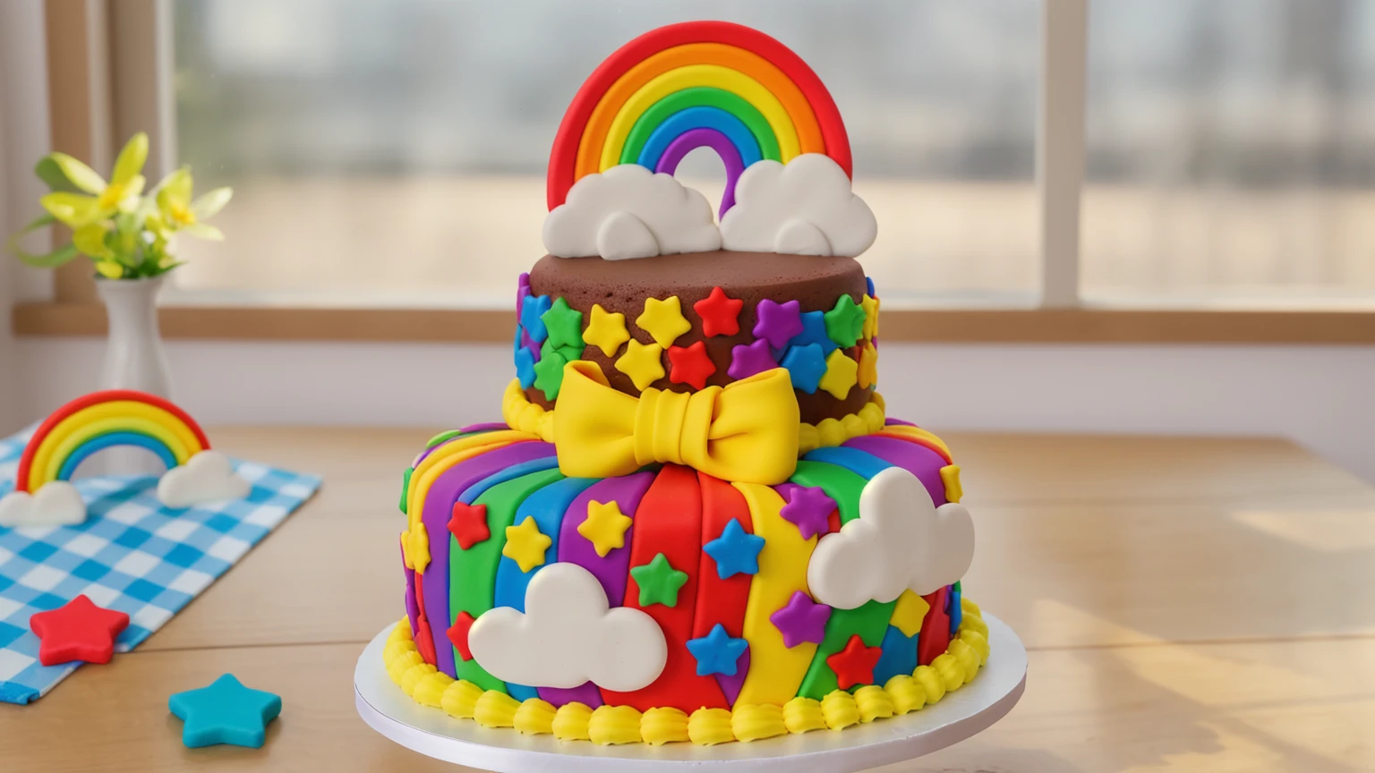 on a wooden table, two-tier cake on a white plate. chocolate cake. polymer clay cake decor, rainbow stripes, rainbow stars, white glazes made of polymer clay, Yellow bow, polymer clay rainbow, brown cream near a rainbow in the shape of clouds. на деревянном столе голубая сккатерть в клеточку на которой лежат rainbow stars и polymer clay rainbow. against the background of the kitchen, against the background of the window, Beautiful light from the window, Beautiful sunlight, bright lighting, there is a vase with a plant on a wooden table. Realistic style, realistic texture, detailed texture, high quality, A high resolution, macro photography, ultra hd 4k,