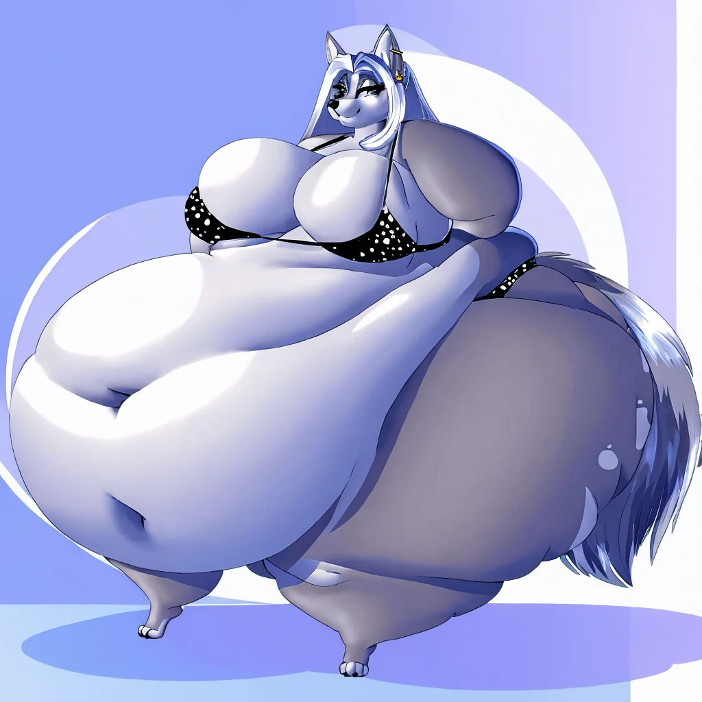 Silver wolf, female, long silver hair, shiny hair,huge breasts, huge hips, huge thighs, plump, voluptuous, gorgeous, beautiful, eyelashes, morbidly obese, fat arms, fat legs, deep navel, earrings, silver eyes big tail,bikini, white spots ,huge breasts, sloshing belly